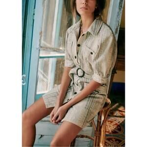Sezane Robe Ren Dress Womens 10 Cream Ethnical Print Denim Button Front Western